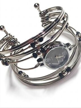 Whimsical Silver Multi-Wire Beaded Bangle Cuff Watch